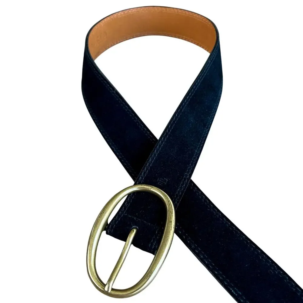 Lauren Ralph Lauren Black Suede Leather Belt Solid Brass Oval Buckle Size Medium